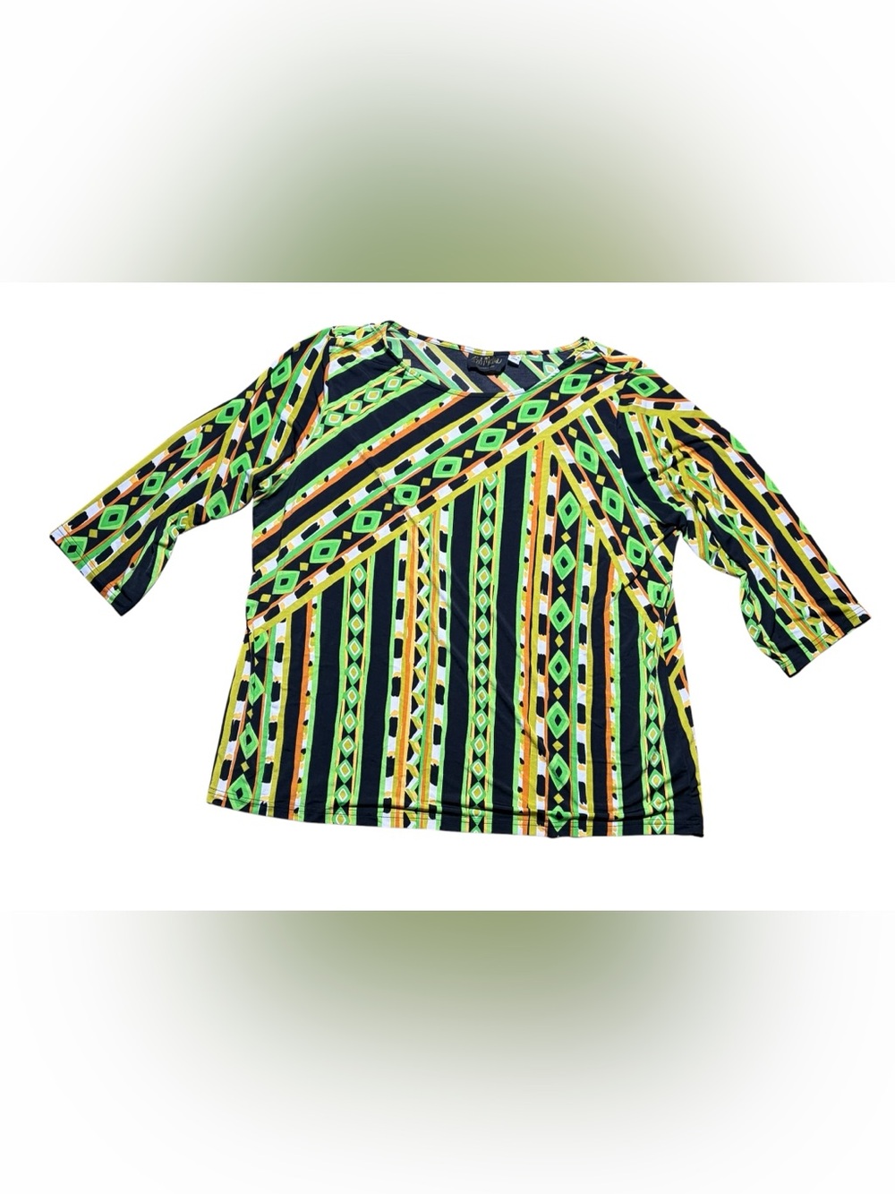 Bob Mackie Neon Green & Yellow Geometric V-Neck Short Sleeve Top- Wearable Art